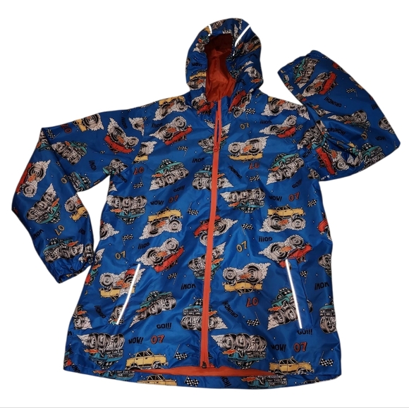 Lily & Dan Blue Monster Truck Print Hooded Zip-up Rain Jacket w Front Pockets - Picture 6 of 10
